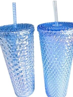 Two Holiday Slightly different Blue Iridescent Cold Cup Tumblers, both 26oz